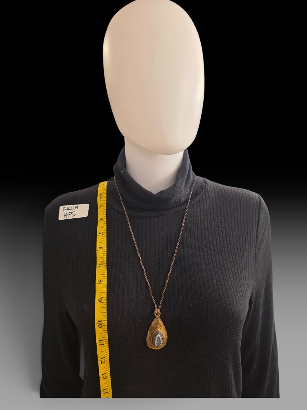 Gold Tone Hammered Teardrop Rhinestone Long Pendant Necklace